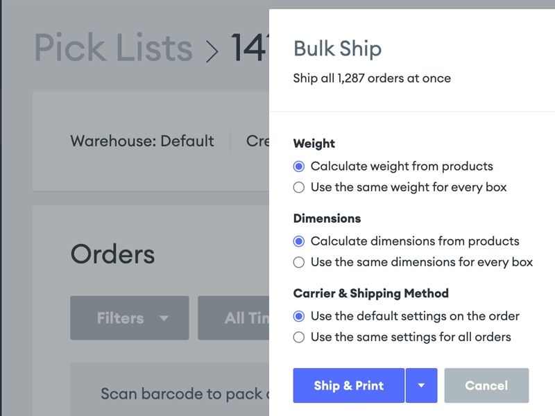 Screenshot of the Goflow dashboard, showing pick list bulk shipping.