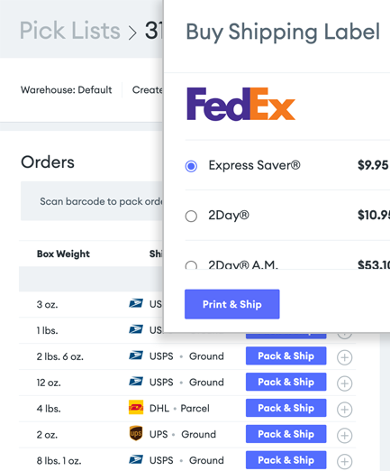 Screenshot of the Goflow dashboard, showing part of a pick list, with an overlapping view of purchasing a shipping label