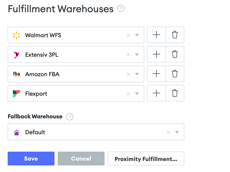 Screenshot of the Goflow dashboard, showing warehouse fulfillment settings.