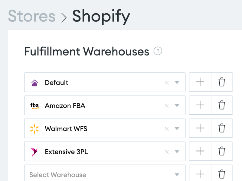 Screenshot of the Goflow dashboard, showing Shopify fulfillment warehouses.