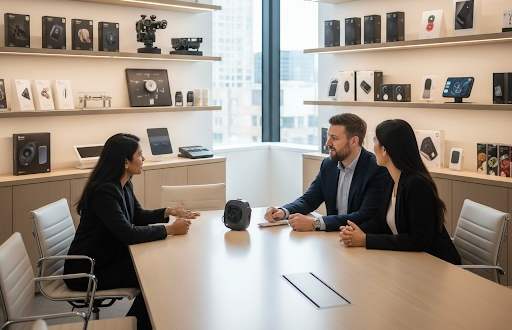 Three business people sitting around a desk in a conference room